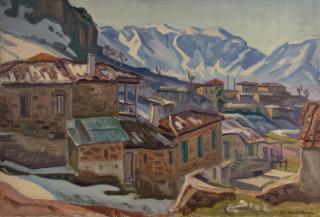 Goura View with Snow — Oil painting, Canvas, 50.00×73.00cm — Theodoros Markellos